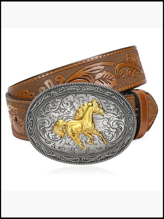 Western Cowboy Belt Leather Buckle Embossed Retro Country Style Adjustable